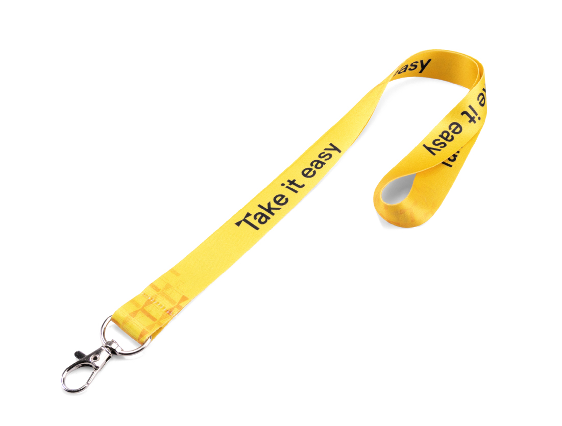 Classic yellow sublimation printed promotional lanyards with custom logo by TedGifted, the corporate lanyard manufacturer for trade events.