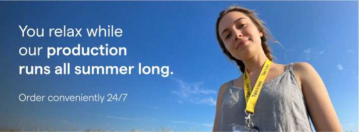 Woman outdoors wearing a personalized yellow lanyard with an ID holder by TedGifted – website banner highlighting non-stop summer lanyard production and 24/7 instant online ordering for agencies.