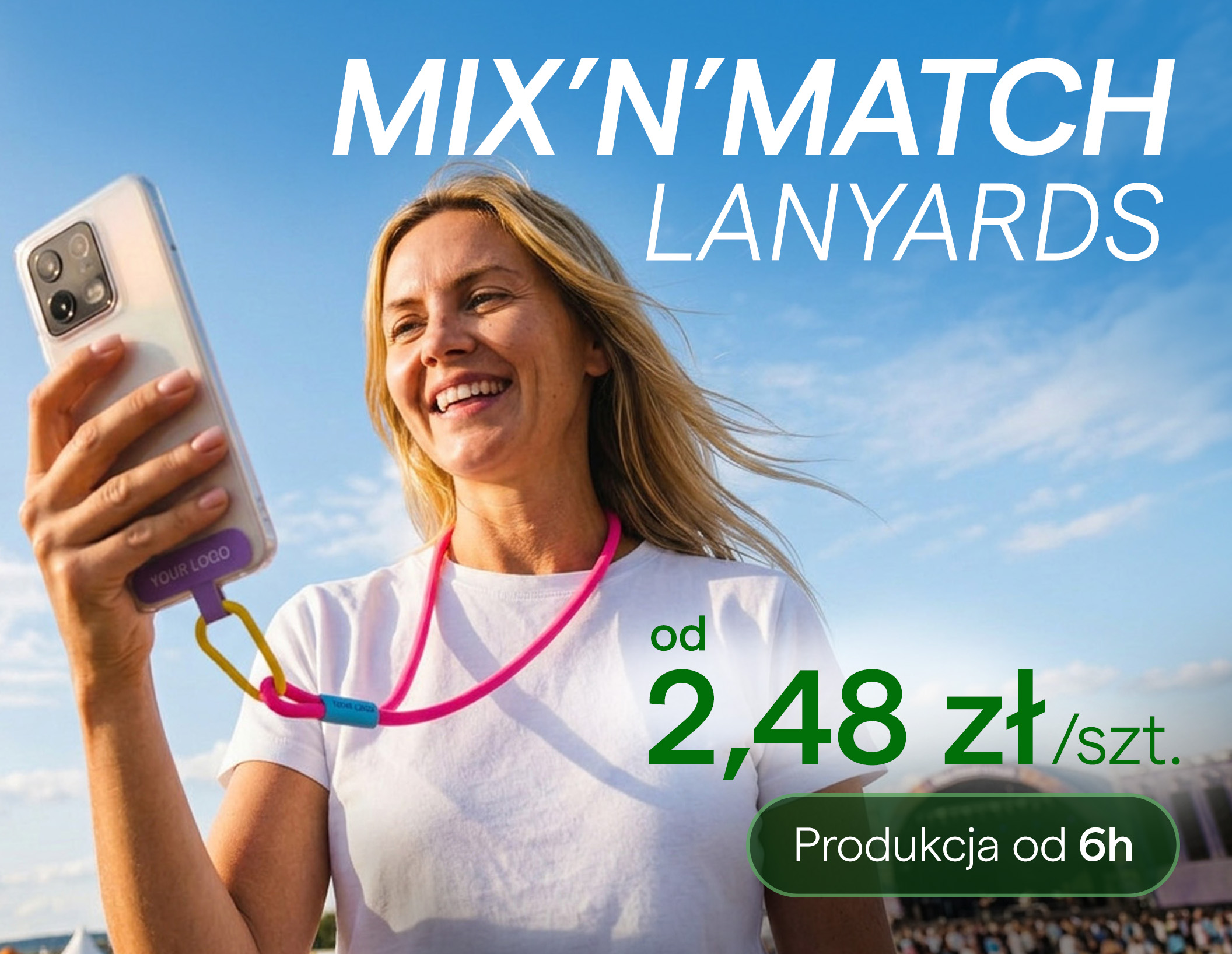 Kolorowa smycz do telefonu Mix'n'Match z nadrukiem logo używana na festiwalu, wyprodukowana przez producenta TedGifted.