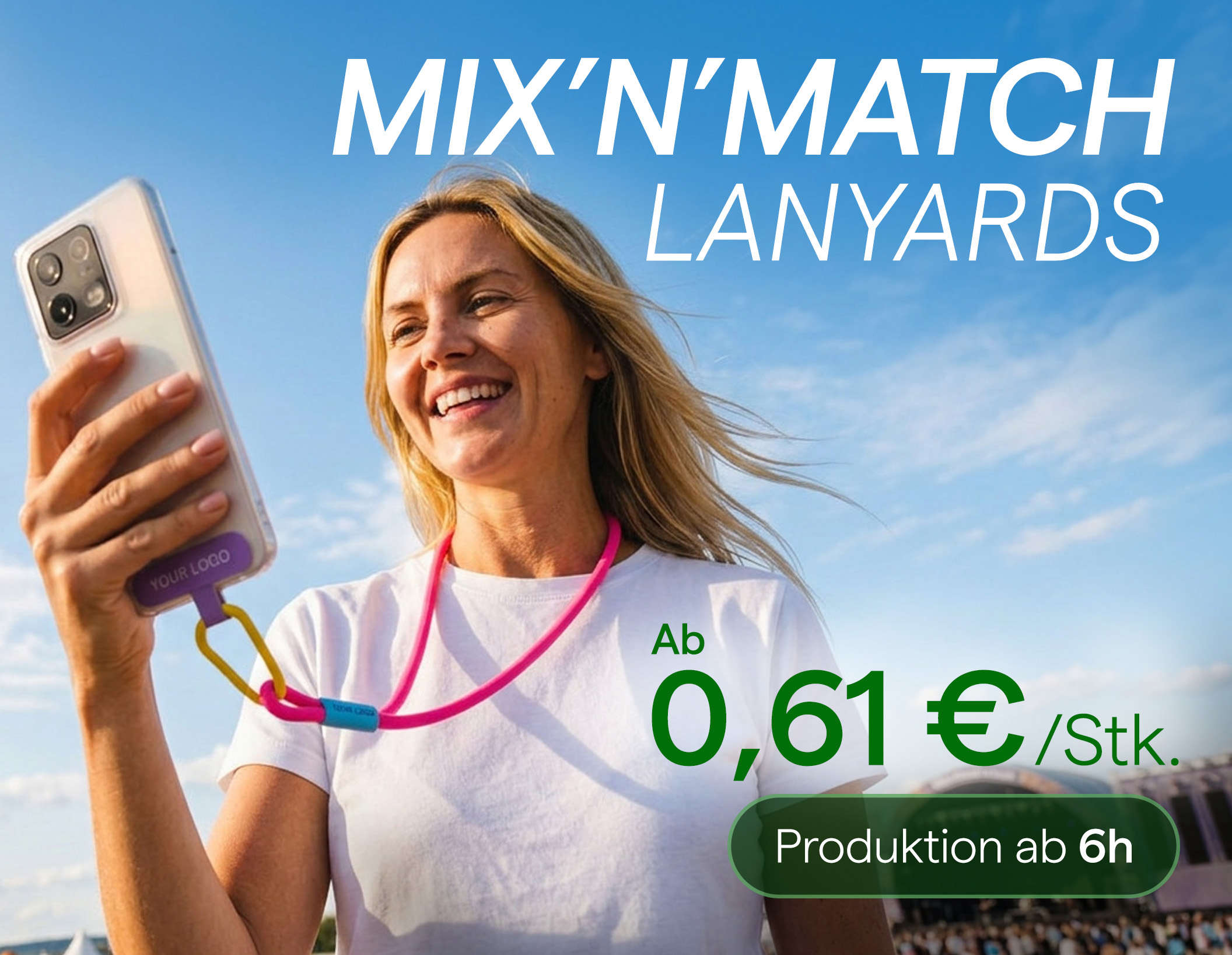 Personalisierte Mix'n'Match Handykette mit Firmenlogo für Event und Festival, direkt vom Hersteller TedGifted.