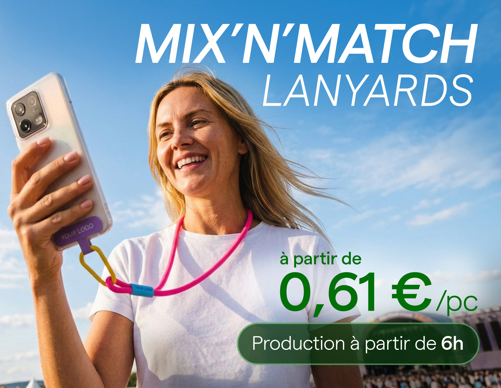 Tour de cou pour téléphone portable personnalisé Mix'n'Match avec logo, idéal pour événements, fabriqué par TedGifted.