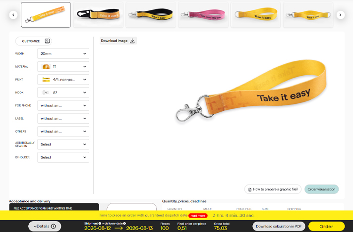 Visualisation en ligne d'un cordon court porte-clés personnalisé avec logo via le configurateur TedGifted.