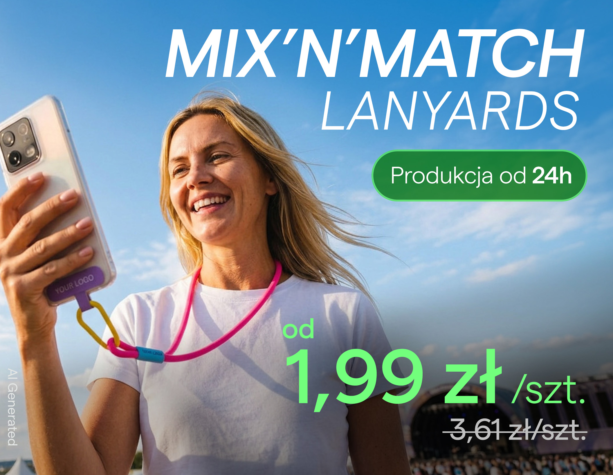Kobieta korzystająca z telefonu mocowanego na okrągłej różowej smyczy crossbody Mix'n'Match z logo.