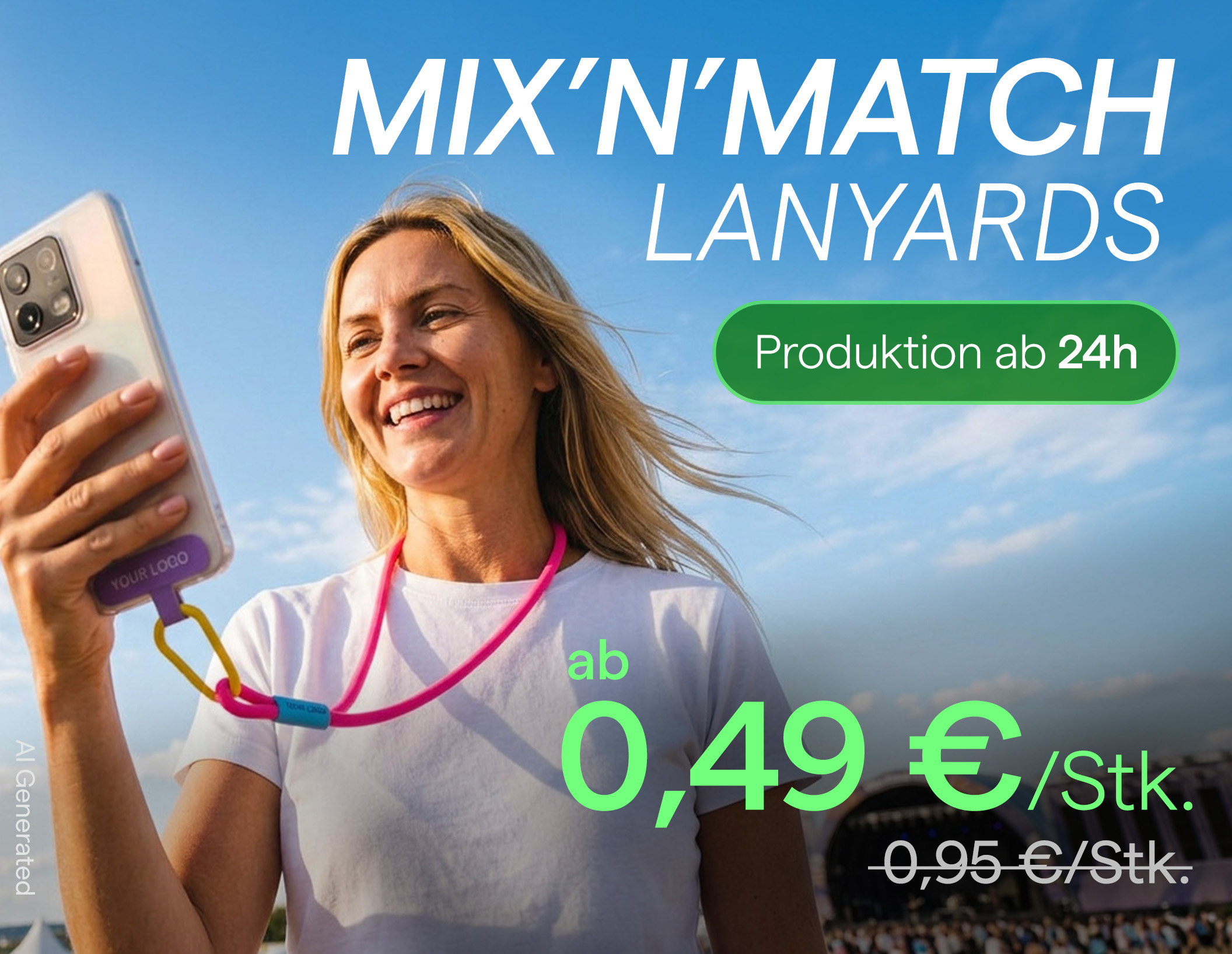 Frau nutzt ein Smartphone mit einer rosafarbenen rundes Mix'n'Match Handy Crossbody-Kordel mit Logo.