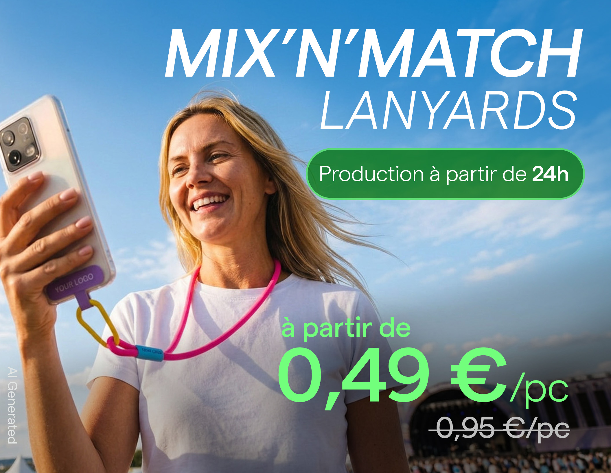 Femme utilisant un smartphone attaché à un cordon téléphone bandoulière rond rose Mix'n'Match avec logo.