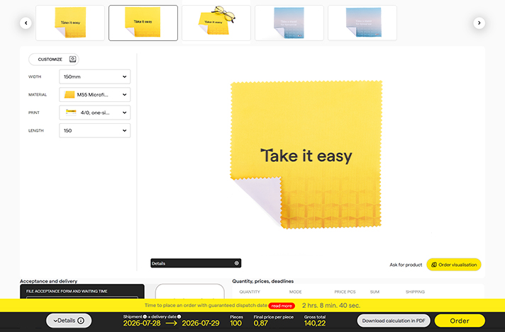 Online 3D configurator preview of a microfiber cloth with printed logo by manufacturer TedGifted.