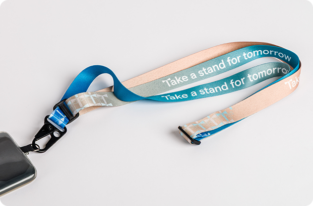 Sustainable rPET crossbody phone lanyard made from recycled polyester with length adjusters and black metal snap hook.