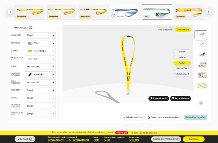 Online-Konfigurator zur Gestaltung von rPET-Schlüsselbändern mit Logo-Druck, Breitenauswahl und Zubehör.