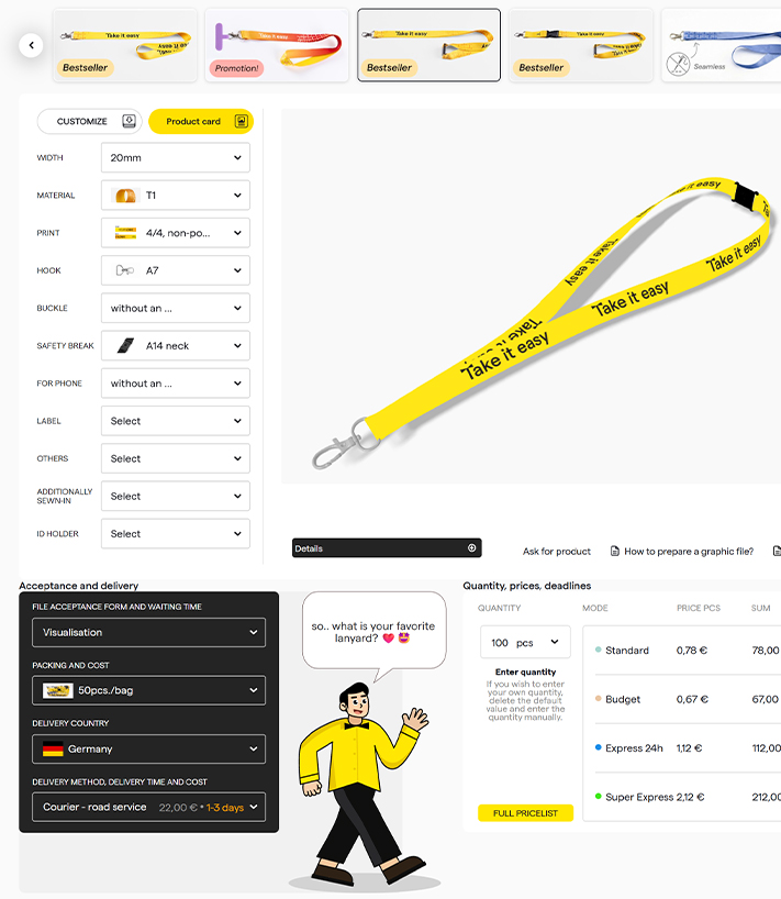 B2B Kundenportal und Schlüsselband Konfigurator für Werbemittelhändler und Agenturen vom TedGifted Hersteller.