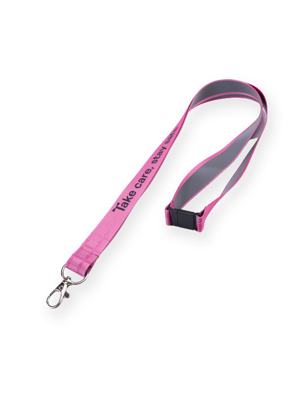 Pink reflective safety lanyard from the Reflect collection with a neck breakaway safety clasp and metal snap hook.
