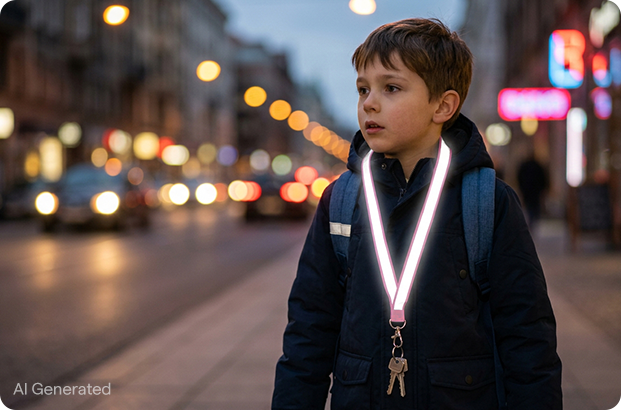 Un bambino indossa un cordino riflettente di sicurezza rosa della collezione Reflect di sera, con chiavi agganciate al moschettone.