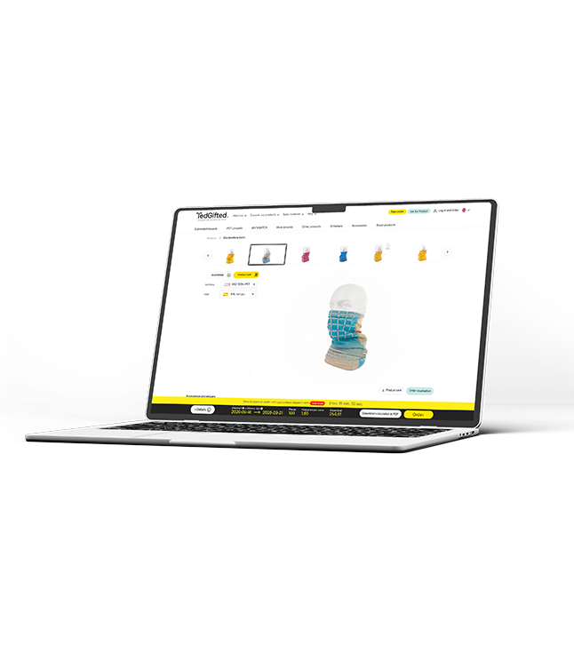 Schermo di un laptop con il configuratore online per la creazione di una bandana ecologica in rPET con logo.   