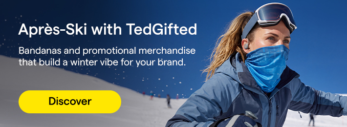 Banner showing a woman on a snowy ski slope wearing a custom printed winter neck warmer for après-ski events.