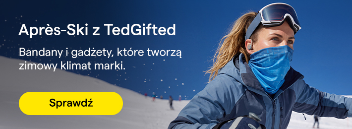 Baner z kobietą na stoku w goglach i zimowej bandanie z logo na imprezy après-ski.