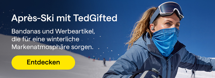 Banner mit einer Skifahrerin auf der Piste mit einem bedruckten Schlauchtuch für Après-Ski-Events.