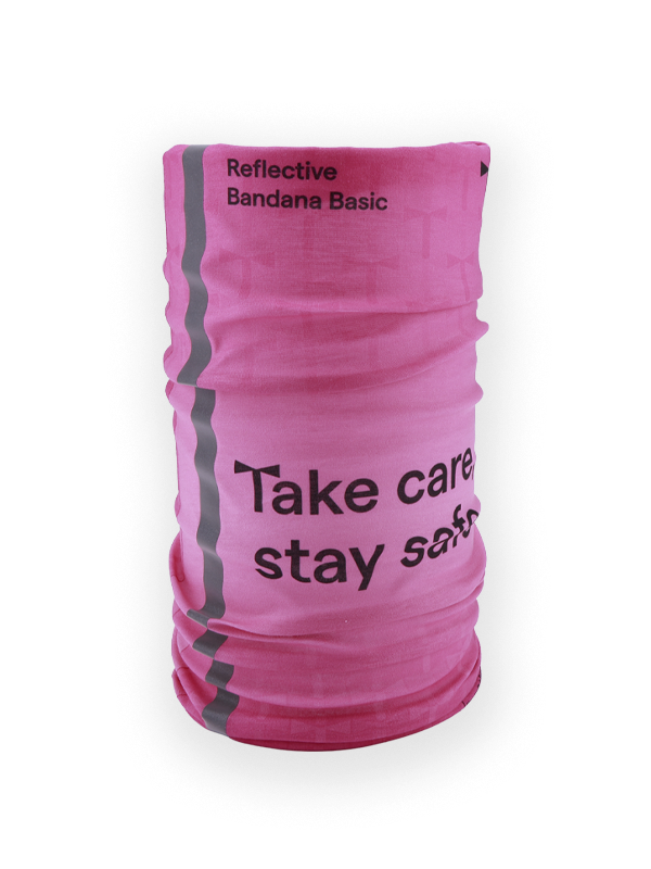 Bedrucktes rosa reflektierendes Schlauchtuch mit Logo und Reflektorstreifen für mehr Sicherheit.  