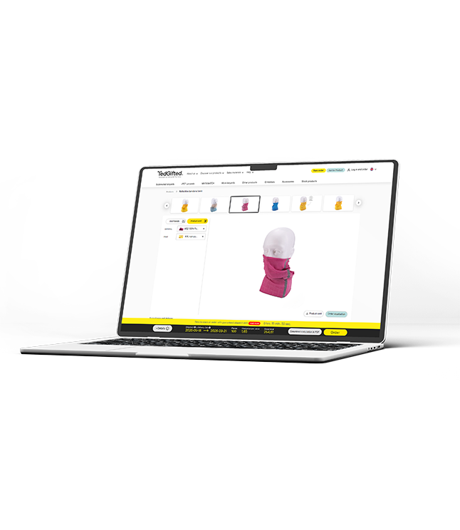 Online-Konfigurator auf einem Laptop zur Gestaltung von reflektierenden Schlauchtüchern mit Logo. 