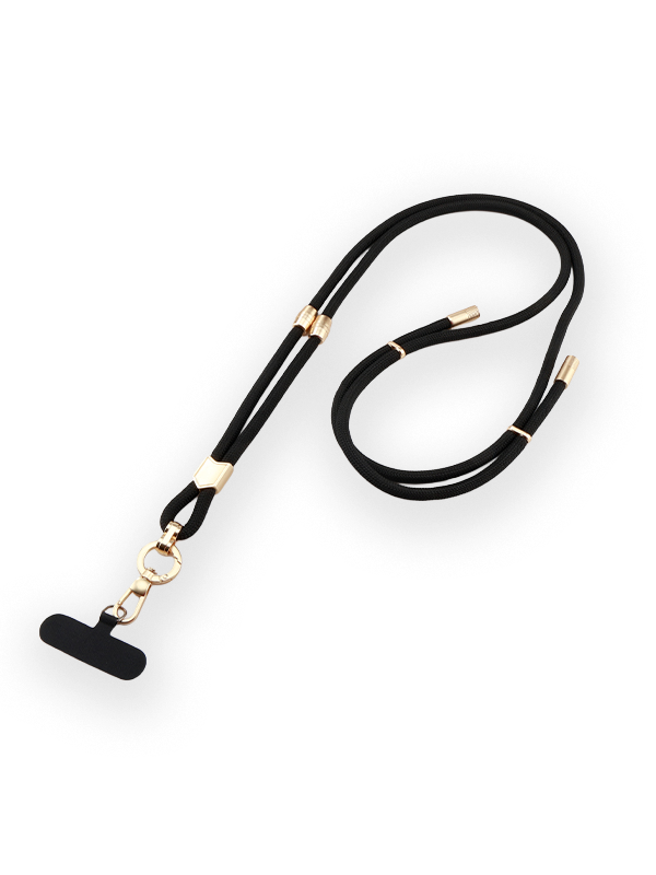 Black round 3-in-1 crossbody phone lanyard with adjustable cord locks for custom logo engraving, ideal promotional gift.