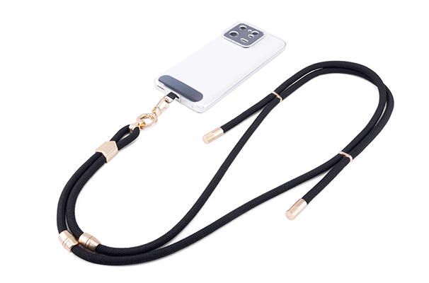 Black round 3-in-1 crossbody phone lanyard attached to a smartphone case using a universal connector patch.
