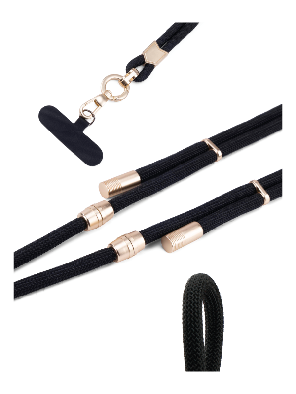 Primer plano de los conectores metálicos dorados, reguladores y mosquetón de un lanyard redondo para móvil 3 en 1 negro.
