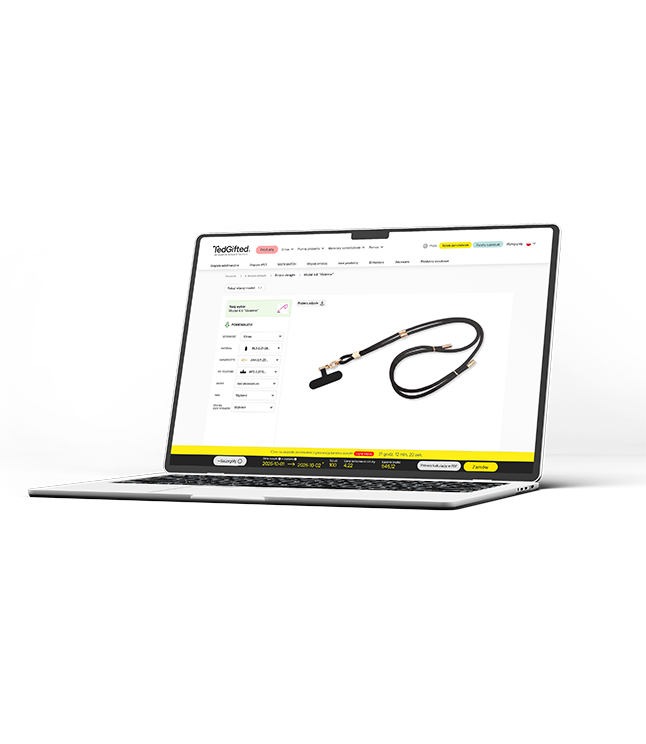 Laptop-Bildschirm mit Online-Produktkonfigurator zur schnellen Kalkulation und Gestaltung von 3-in-1 Handyketten.