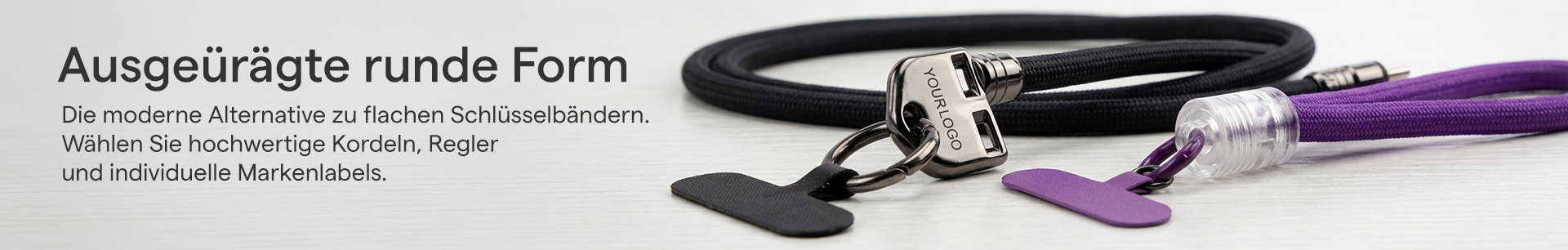 Rundes Schlüsselband als Kordel mit verstellbarem Metallstopper und Logo-Druck für Smartphones[cite: 7, 8].