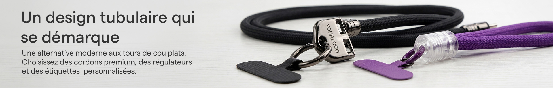 Tour de cou rond en cordon cylindrique avec bague d'ajustement personnalisée et attache téléphone[cite: 7, 8].