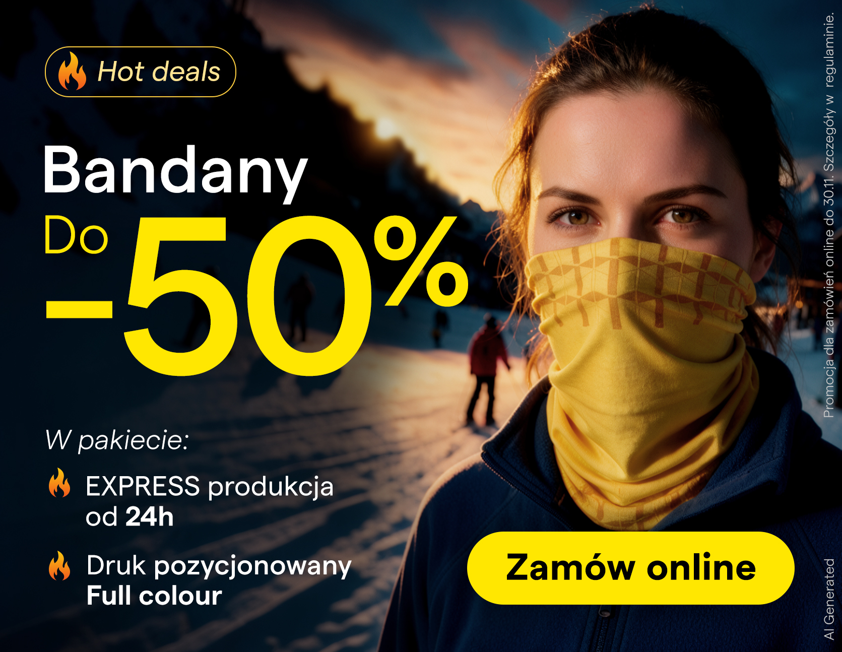 Wielofunkcyjna bandana z własnym nadrukiem logo noszona jako komin ochronny podczas aktywności zimowych na stoku[cite: 14, 15].