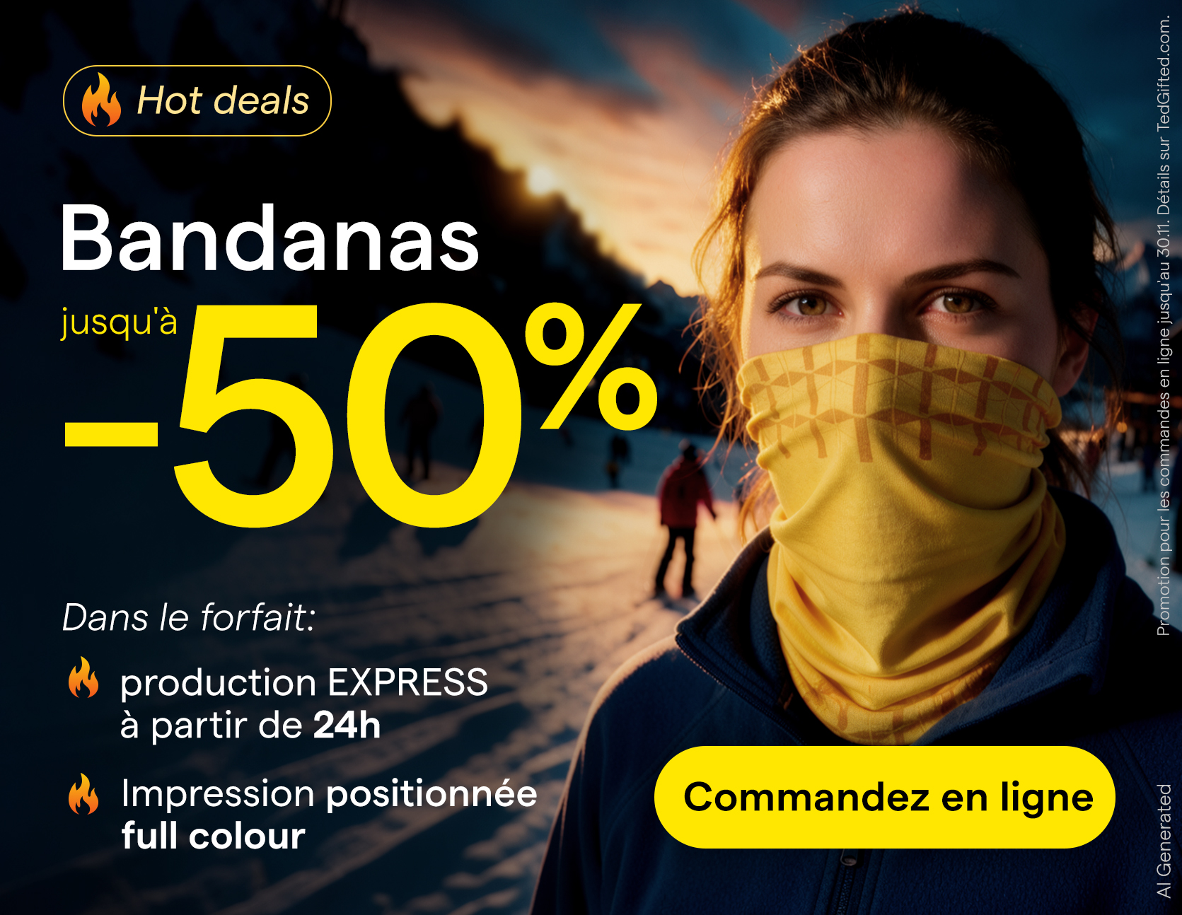 Bandana personnalisé et tour de cou imprimé multifonction porté en hiver lors d'activités sportives outdoor[cite: 14, 15].