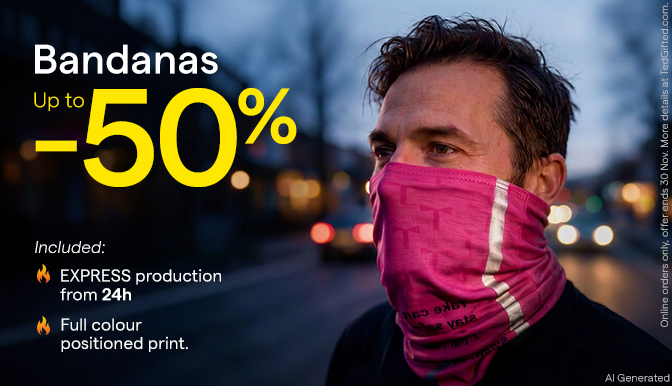 Custom bandana and reflective neck tube gaiter with printed logo worn for nighttime visibility and outdoor activities.  