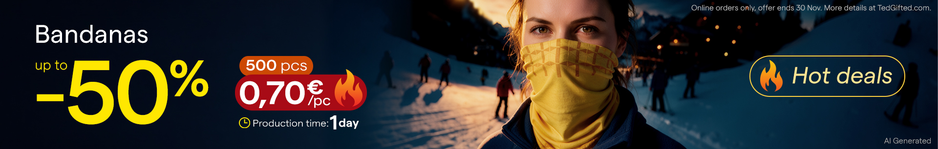 Custom bandana and printed neck tube gaiter with promotional offer worn by a snowboarder during winter activities[cite: 15, 16].
