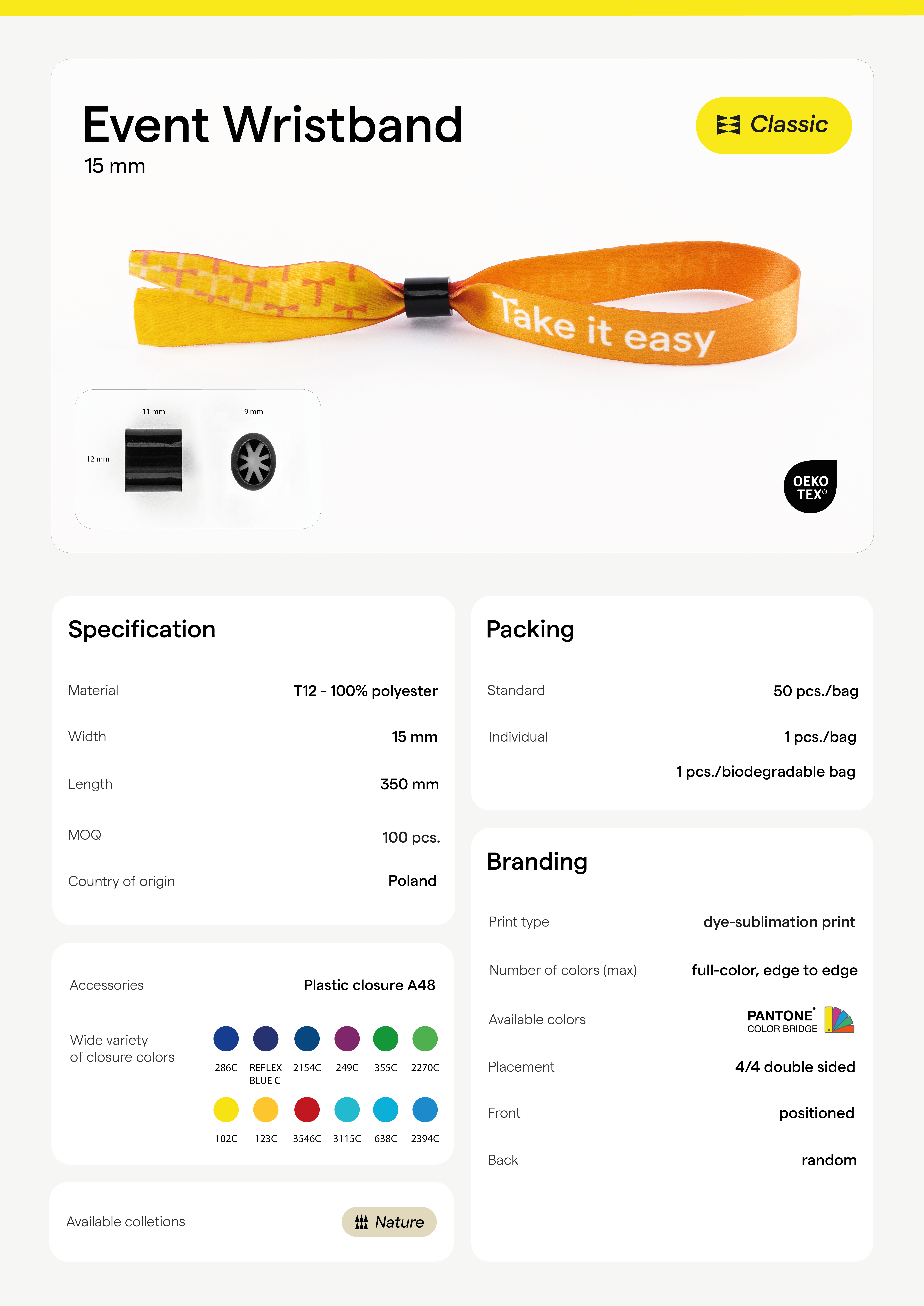 Event wristband with plastic red closure, 4/4, PMS 3546C