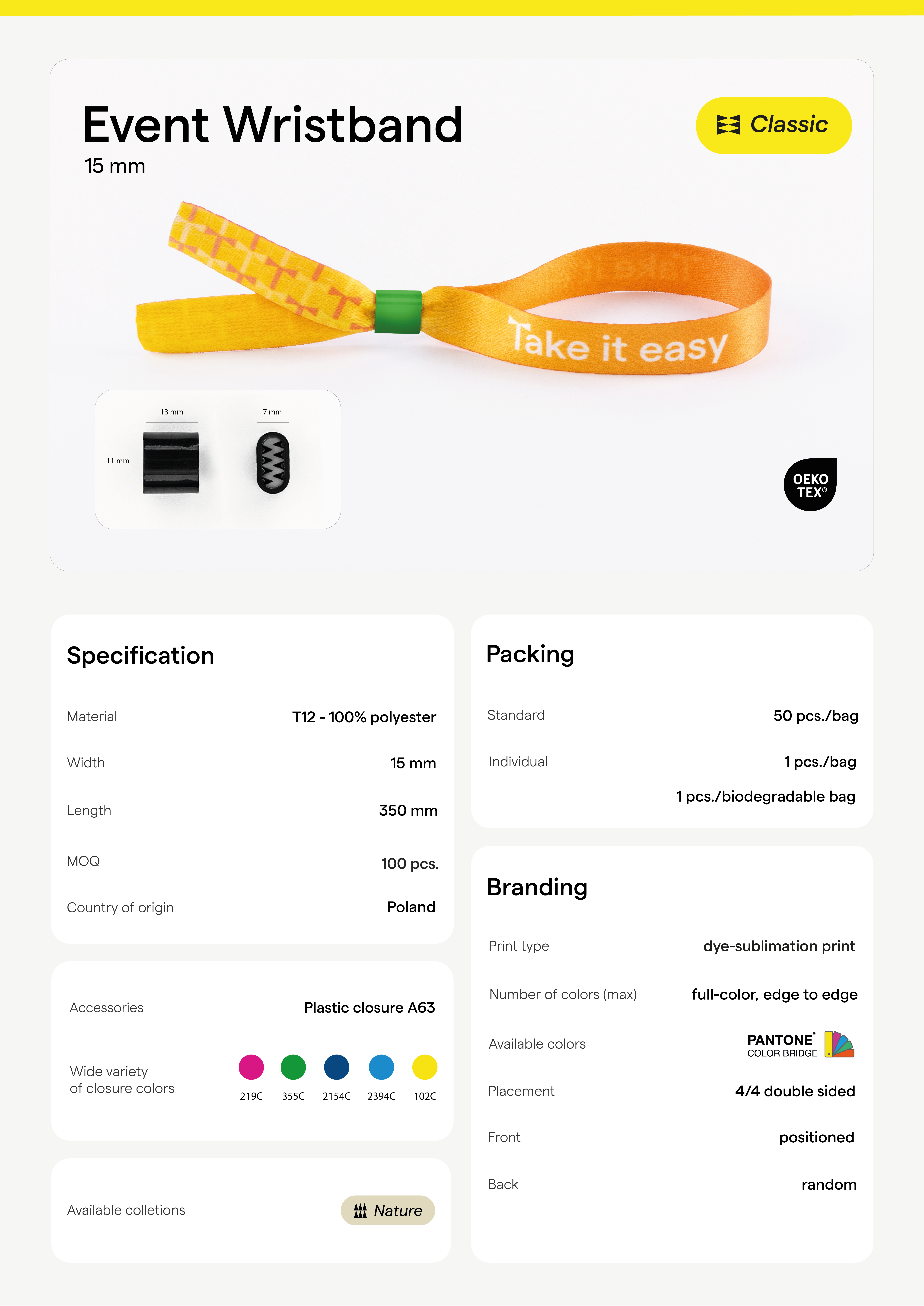 Event wristband with flat yellow clamp, 4/4, PMS 102C