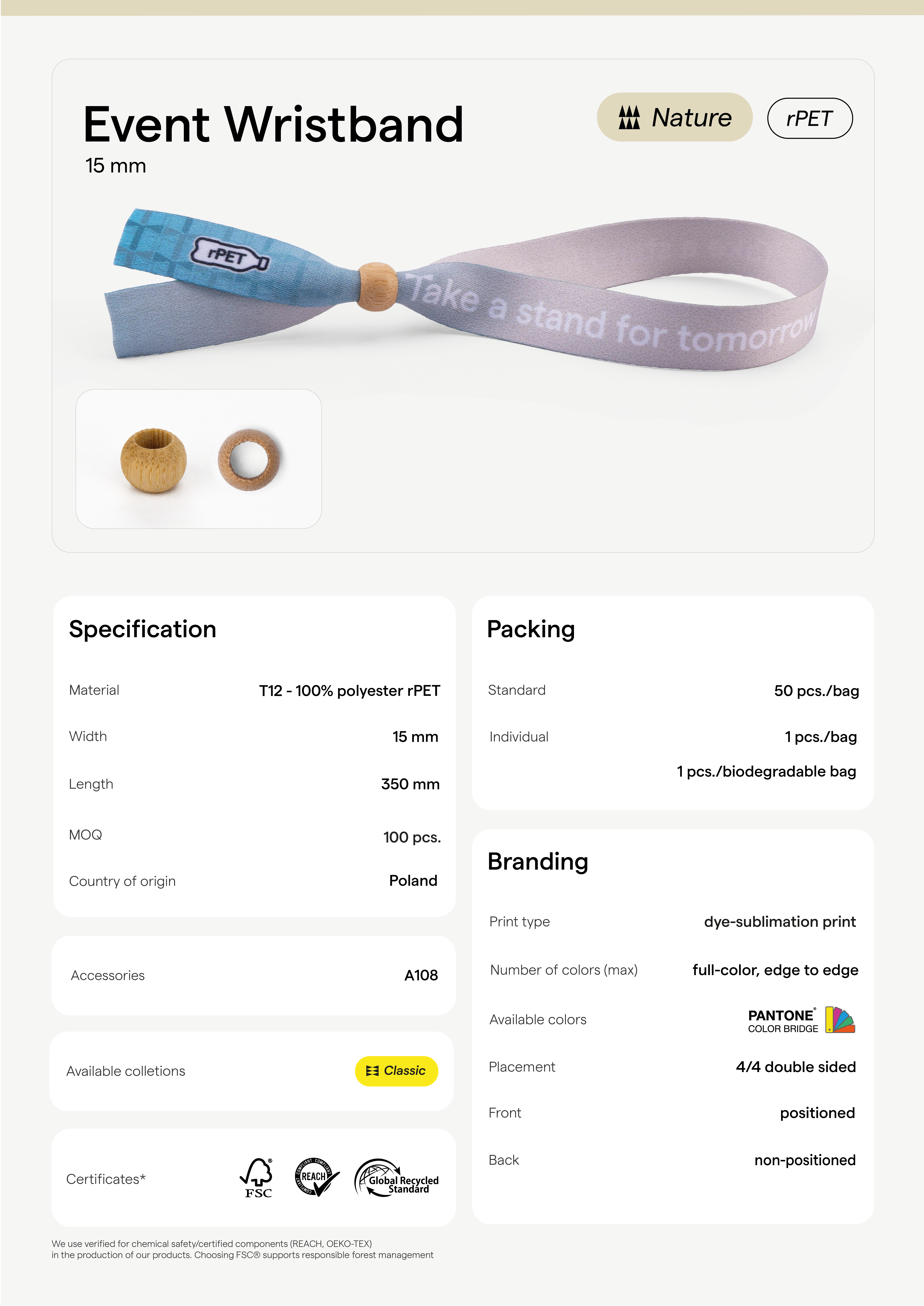 Event wristband, T12rPET,  4/4e, with bamboo bead A108